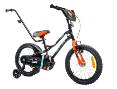 Zdjęcie produktu dla Rower dla chłopca 16 cali Tiger Bike z pchaczem czarno - pomarańczowo - turkusowy Sun Baby