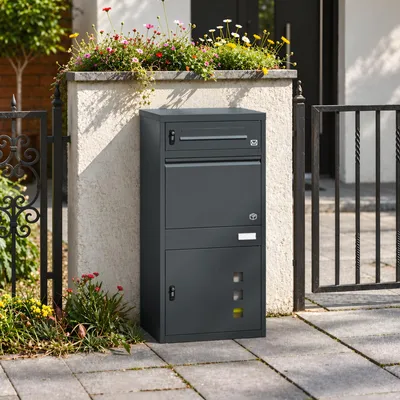 SoBuy Paketbox OGS67-DG in Dunkelgrau neben Gartentor mit blühenden Pflanzen