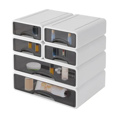 Image de Organisateur de bureau empilable, boîte de rangement, organisateur de tiroir, blanc, plastique. Contient 2 grandes boîtes et 4 petites boîtes