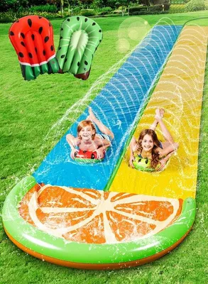 Produktbild von Unyqoos® Wasserrutsche XXL – Extra langes 8,5 m Set (Rutsche 7 x 1,58 m) Orange, Doppelbahn mit 2 aufblasbaren Rutschmatten und integrierten Sprühdüsen