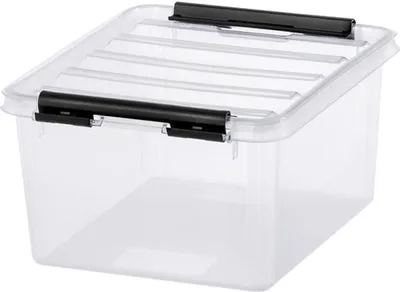 A clear, studio shot of a transparent storage box with black clasps.