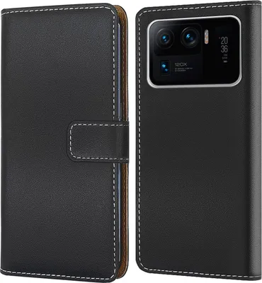 A black flip-style phone case for a Xiaomi Mi 11 Ultra is shown, open to reveal the phone's camera module.