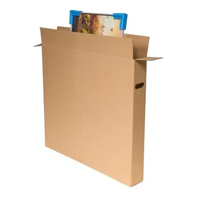 A cardboard box for transporting pictures or artwork, with blue corner protectors visible at the top.