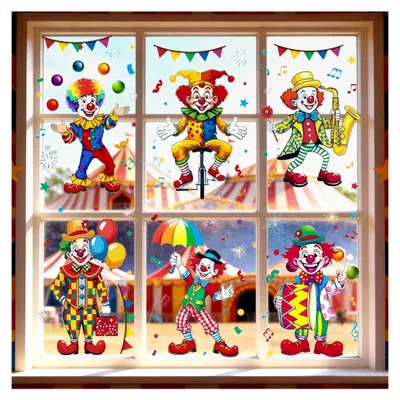 Produktbild von 6 Blatt Fensterbilder Karneval, Selbstklebende Clown Fensteraufkleber, Statisch Haftende Fensteraufkleber Wiederverwendbar