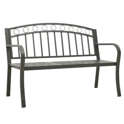 A gray metal garden bench with decorative circles on the backrest, shown against a white background.
