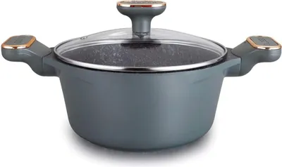 A gray cooking pot with a glass lid and gold accents is shown against a white background.