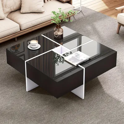 Zdjęcie produktu dla Stolik kawowy – płyta MDF z połyskiem – 70x70x35 cm – 4 szuflady – czarny i biały