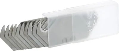A pack of hook blades for a utility knife, with some blades protruding from a clear plastic case.