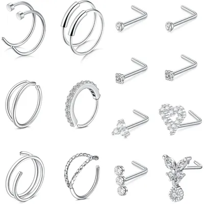 Zdjęcie produktu dla Zestaw do piercingu nosa, 16 sztuk, kształt litery L i kółka, stal chirurgiczna 316L, rozmiar 20G, długość 8 mm i 7 mm, kolor srebrny