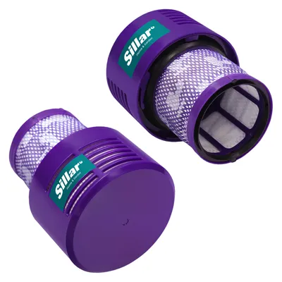 Two purple vacuum cleaner filters with white mesh interiors, against a white background.