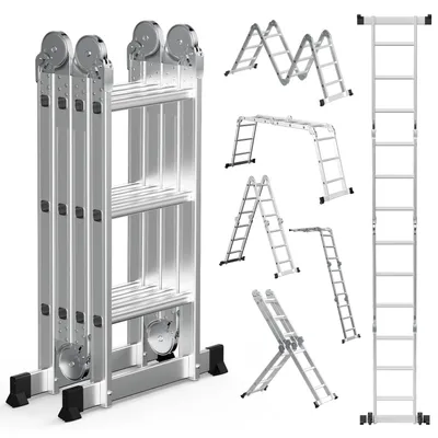 Image de Échelle pliante en aluminium Peviasot, 4 marches, multifonctionnelle, idéale pour un usage domestique, couleur argent, capacité de charge : 150 kg