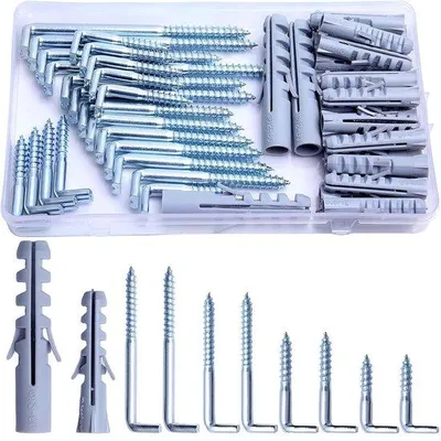 Produktbild von Schraubhaken, gerade, mit Schlitz, M6 - 100 mm / 80 mm / 65 mm, M5 - 40 mm, 50 Stück. Große Schraubhaken, hohe Tragfähigkeit von 50 kg, winkelförmige Schraubhaken, galvanisch verzinkt, Wandhaken zum Anbringen mit Schrauben, für den Einsatz im Haus