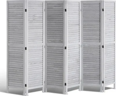 A white, six-panel folding room divider with louvered slats.
