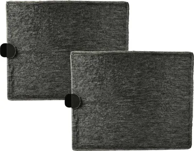 Two rectangular gray fabric items with black circular fasteners on the left side of each item. The items are positioned so that one is slightly behind and to the right of the other.