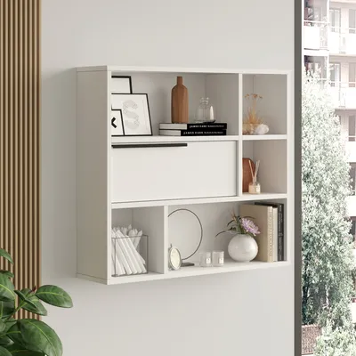 Zdjęcie produktu dla Półka ścienna 'Vesanto' z 5 przegrodami i drzwiami na zawiasach 90 x 22 x 81 cm Biały