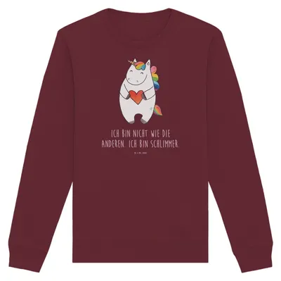 Produktbild von Mr. & Mrs. Panda Rundhals Pullover Einhorn Herz Größe L - Burgundy - Geschenk, Baumwoll, Lustig, Sweatshirt, Unicorn, Pulli, Sweater, Einhörner, Bio, Freundin