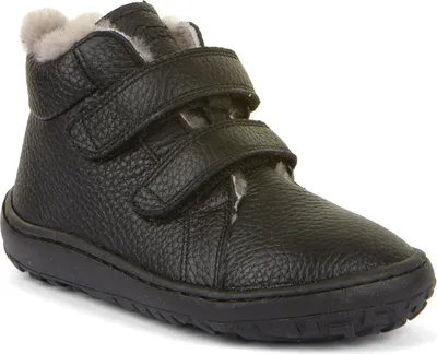 A single black winter boot with fur lining and two velcro straps.
