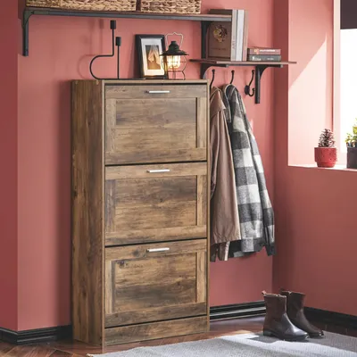 Immagine prodotto di Scarpiera - Scarpaio ribaltabile con 3 sportelli - Stretto - Struttura in legno - 60 x 115 x 23 cm - Marrone