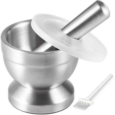 Produktbild von Ibenzoa® Edelstahl-Mörser-Set 18/8 mit transparentem Deckel, Ø 10 cm – 250 ml Mörser + 14 cm Stößel für Kräuter & Gewürze