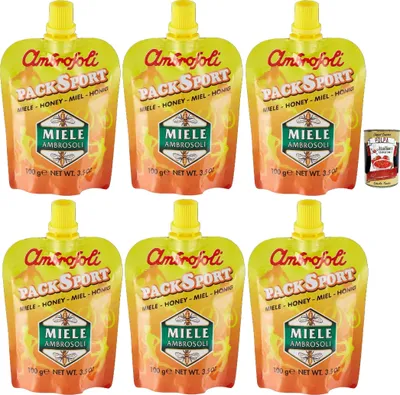 Produktbild von Ambrosoli Packsport Miele Millefiori, sport honey honig, IDEAL FÜR Sportler, Frühstück, sehr streichfähig. 6x 100g + Italian Gourmet polpa 400g