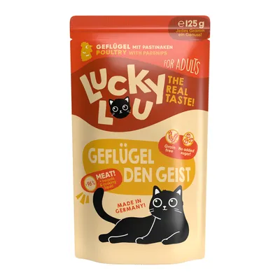 A pouch of cat food with a cartoon cat illustration.