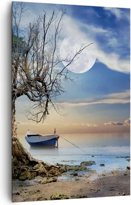 Produktbild von Bild auf Leinwand - Leinwandbild - Einteilig - Nacht Mond Boot - 80x120cm - Wand Bild - Wanddeko - Wandbilder - Leinwanddruck - Kunstdruck - Wanddekoration - Leinwand bilder - Wandbild - PA80x120-3457