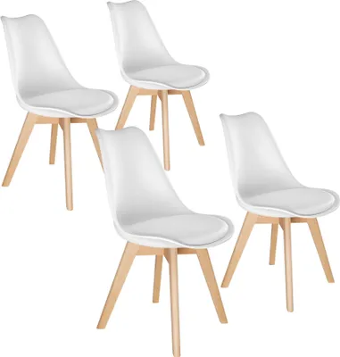 Four white dining chairs with light wood legs are arranged on a white background.