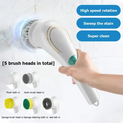 Produktbild von 7 stücke elektrischer Schleuderwäscher, reinigungsbürste mit 5 austauschbaren Bürstenköpfen, wieder auf ladbarer USB 360 ° Power Scrubbe,