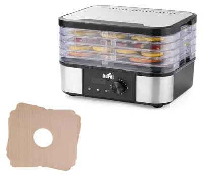 Produktbild von Bardi Professional Dörrautomat – Elektrisch, 350 Watt – 5 Edelstahl-Einschübe inkl. 5 Einlagen – 9 Heizstufen (35 °C bis 75 °C) – LCD-Display – Timer – Edelstahl/Schwarz