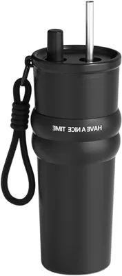 Image de Gobelet isotherme - Thermos avec paille - Pour emporter vos boissons - Isolation sous vide - 710 ml - Noir