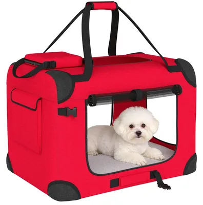 Produktbild von Faltbare Transporttasche für Haustiere - Hundebox & Katzenbox - 60 x 41,5 x 41 cm - Netzfenster - Weiches Kissen - 2 Tragegriffe - Rot
