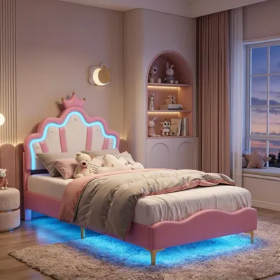 Produktbild von INONEFT Kinderbett 90x190 cm mit LED-Beleuchtung, Polsterbett mit Verstellbares Kopfteil in Kronenform, Modernen Einzelbett mit Lattenrost, PolyurethanRosa