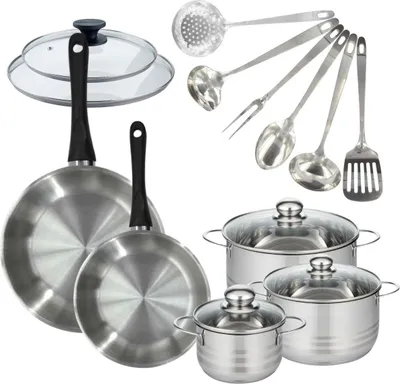 Image de Batterie de cuisine 2 poêles 24/28 cm et couvercles, 3 faitouts 16/20/24 cm et 6 ustensiles Fackelmann Geneva