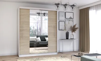 Produktbild von Schwebetürenschrank Kleiderschrank Schrank Garderobe Spiegel Torino (Weiß/Sonoma) + Spiegel und Beleuchtung 200cm
