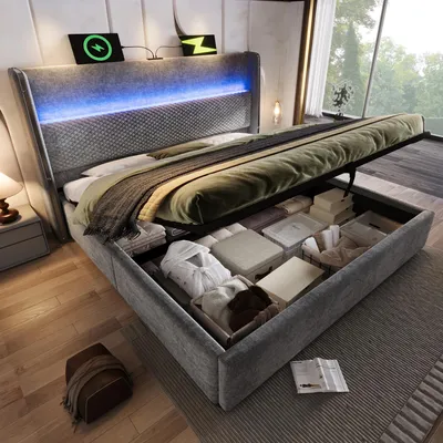 Produktbild von okwish Polsterbett 180×200 mit Bettkasten, Doppelbett mit LED und Ladeanschlüsse,Jugendbett mit Hohem Kopfteil,Grau,ohne Matratze