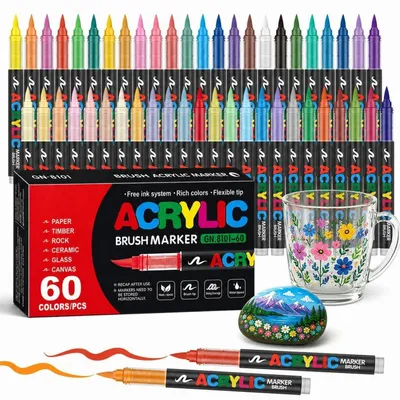 Image de Jeu de 60 marqueurs acryliques avec pointe pinceau, résistants à l'eau, pour utilisation sur pierre, verre, bois et tissu