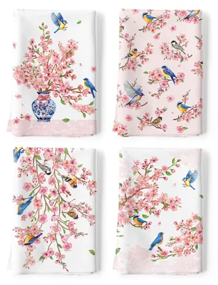 Productafbeelding van Omgoods - 100% Katoenen Keukenhanddoeken met Roze Bloemen, Set van 4