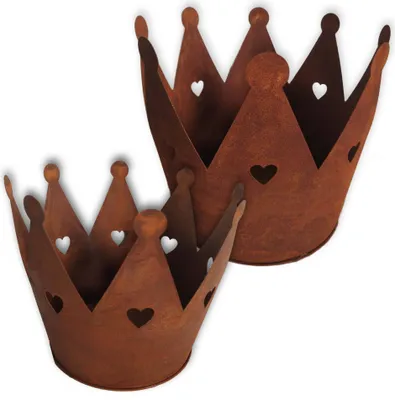 Two rusty metal crown-shaped planters with heart cutouts.