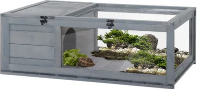 Produktbild von PawHut Schildkrötenhaus aus Holz Schildkrötengehege mit Haupthäusern aufklappbarem Oberseite, Outdoor Reptilienkäfig Terrarium für Schildkröten Reptilien für drinnen draußen 91x60,5x32 cm, Grau