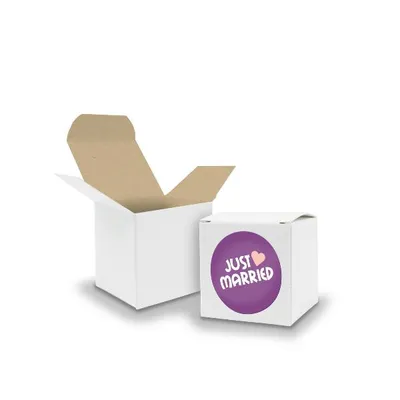 Produktbild von SET JustMarried (Motiv43) 24x Faltschachtel Würfel 5cm weiß innen braun+Sticker