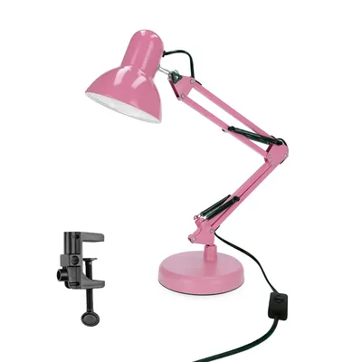 A pink desk lamp with an adjustable arm and a base, shown with an optional clamp attachment.