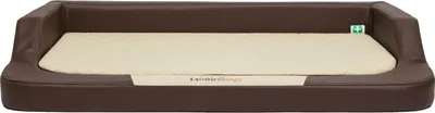 A brown orthopedic dog bed with a beige memory foam cushion.
