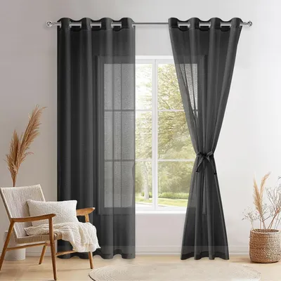 Obrázok produktu pre Priehľadné voálové záclony 215 x 140 cm, súprava 2 kusov, s krúžkami, čierna, do obývacej izby