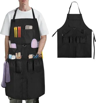 Image de Tablier de coiffeur imperméable avec plusieurs poches et une bandoulière réglable - Tablier de coiffeur pour femmes et hommes - Noir - Taille unique - Accessoire de coiffure