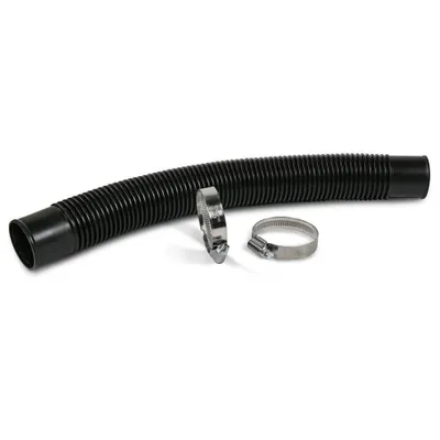 A black flexible hose with two metal hose clamps on a white background.