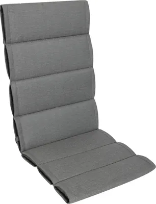 A gray chair cushion laid out flat against a white background.