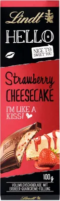 A chocolate bar wrapper with a depiction of strawberry cheesecake.
