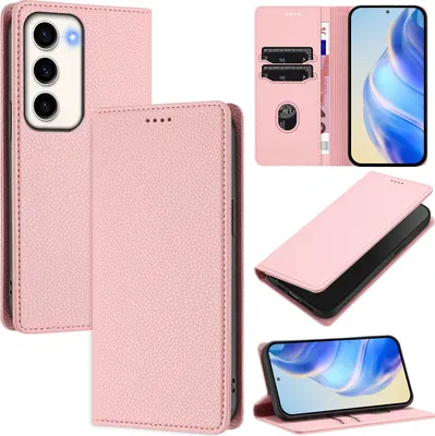Image de Etui en cuir pour Samsung Galaxy S23, Litschi cuir, étui portefeuille avec fentes pour cartes et support Rose