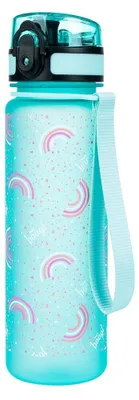 A teal water bottle with a rainbow pattern and glitter accents, featuring a light blue strap.