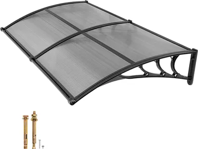 Obrázek produktu pro SucceBuy přístřešek pro vstupní dveře, 965 x 1987 mm, zakřivený design, zastřešení s odvodněním a ABS držákem, ochrana před deštěm, sněhem a sluncem, polykarbonátová střecha pro verandu a terasu, kouřově šedá barva